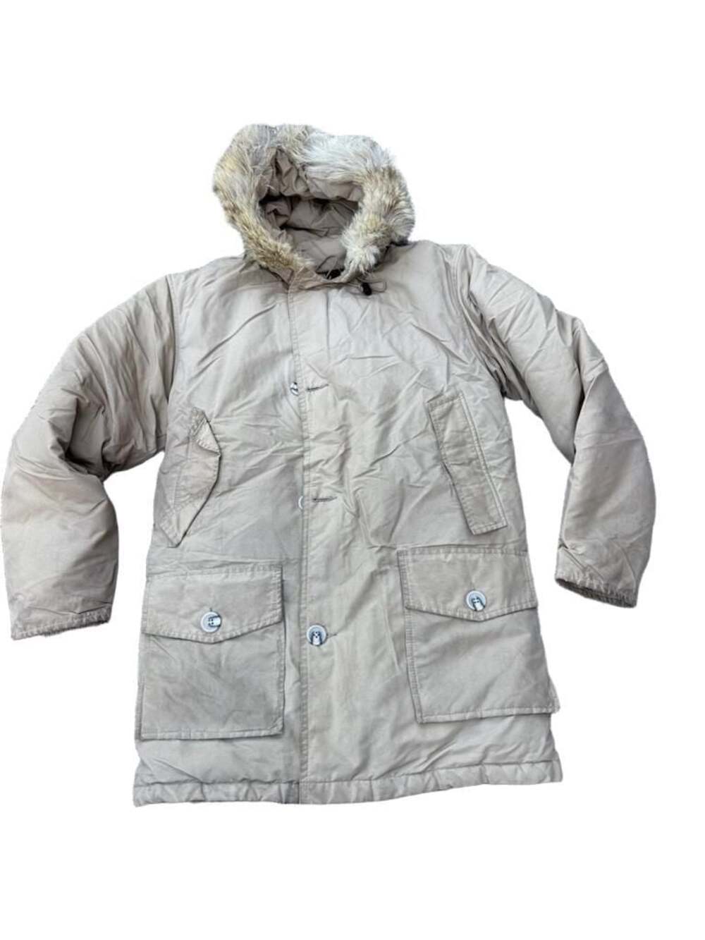 Vintage Woolrich Arctic Parka Goose Down Coyote Fur Hooded Jacket Beige